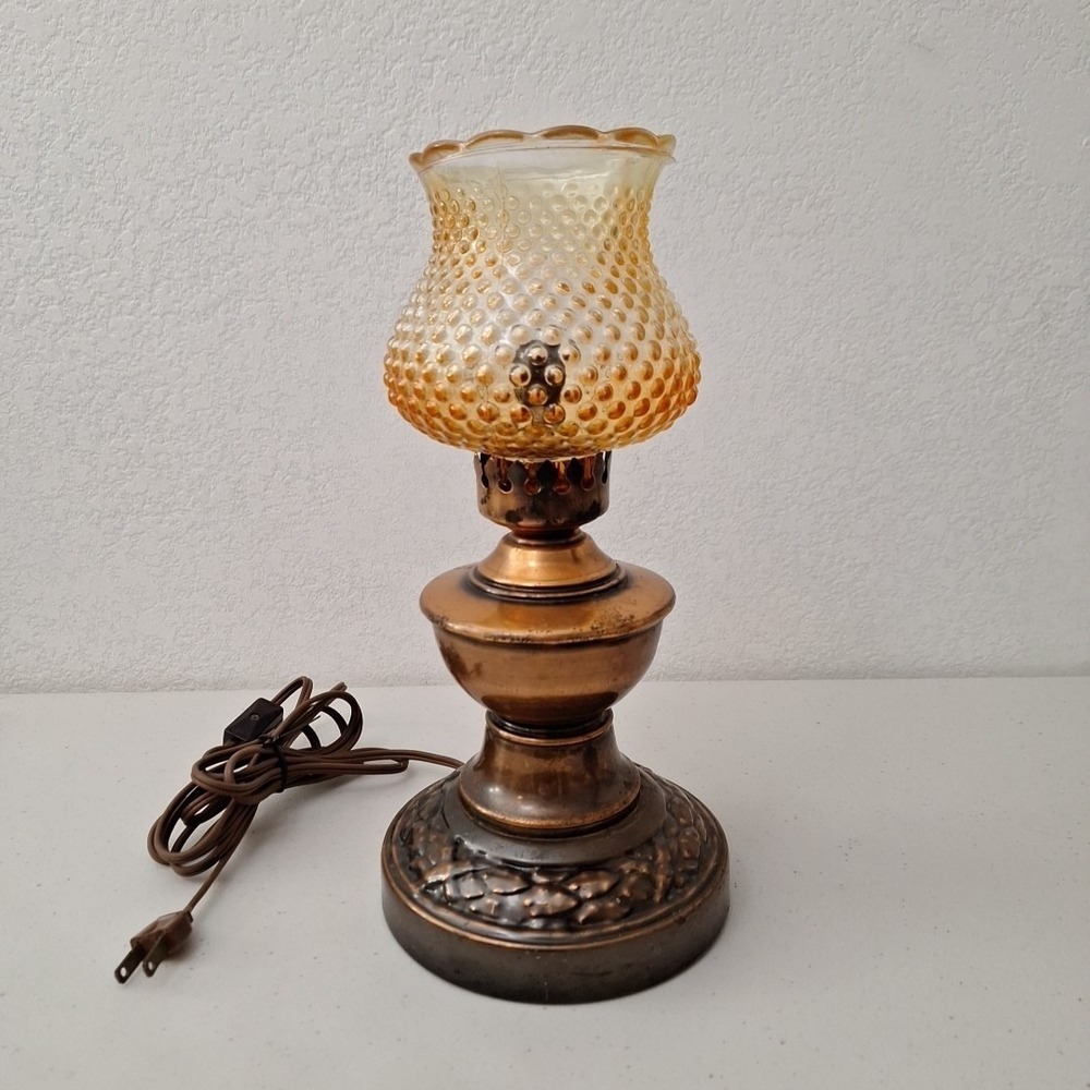 Victorian Style Vintage Table Hurricane Lamp COPPER BASE & AMBER HOBNAIL SHADE